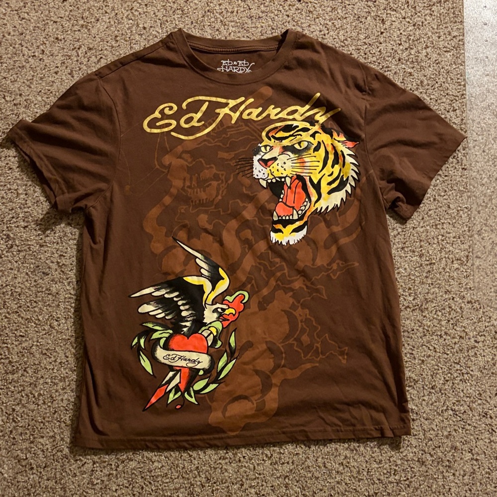 Ed Hardy Brown Tee with Yellow Tiger & Red Heart Graphic